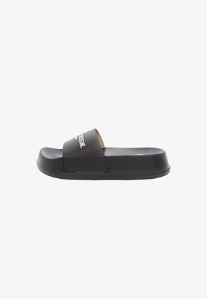 Black slide sandal with a textured rubber sole and strap. Features a raised logo on the strap and a smooth interior finish.