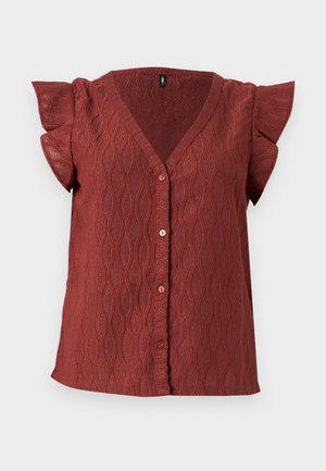 Bluse i rustfarve med V-hals og korte flæseærmer. Tekstureret stof med bølgemønster og knapper foran.