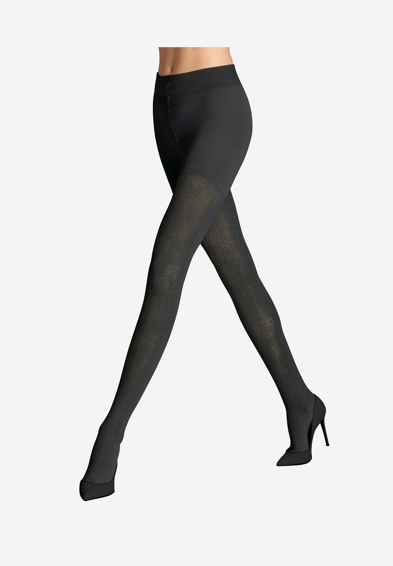 Collant neri a fantasia con un design a rete testurizzato, vita liscia e aspetto semitrasparente, abbinati a tacchi alti neri.