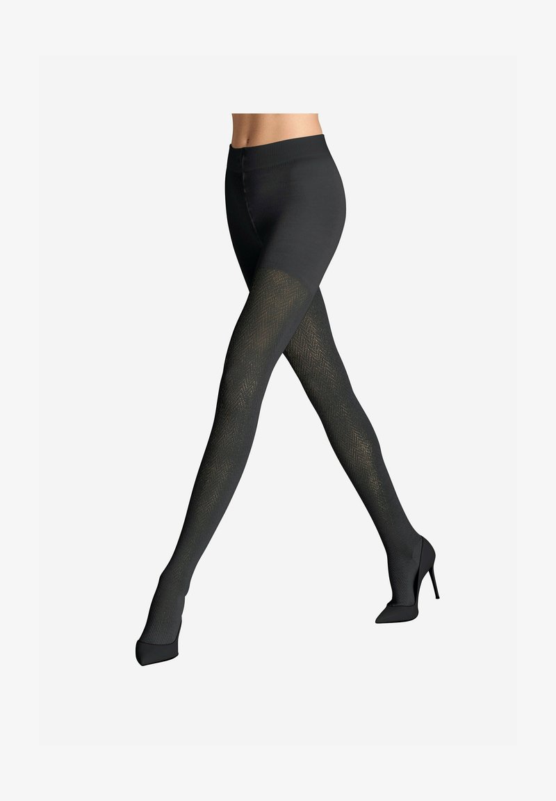 Collant neri a fantasia con un design a rete testurizzato, vita liscia e aspetto semitrasparente, abbinati a tacchi alti neri.