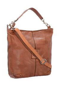Borsa tote in pelle marrone con una superficie liscia, dotata di un manico corto e una tracolla staccabile. Cuciture a vista e una piccola etichetta del marchio.