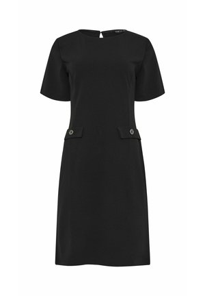 Musta polvenpituinen lyhythihainen mekko, jossa pyöreä pääntie, avonainen takasilmä, ja kaksi etutaskua, joissa napit.