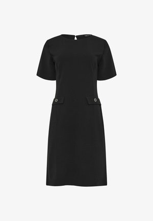 Musta polvenpituinen lyhythihainen mekko, jossa pyöreä pääntie, avonainen takasilmä, ja kaksi etutaskua, joissa napit.