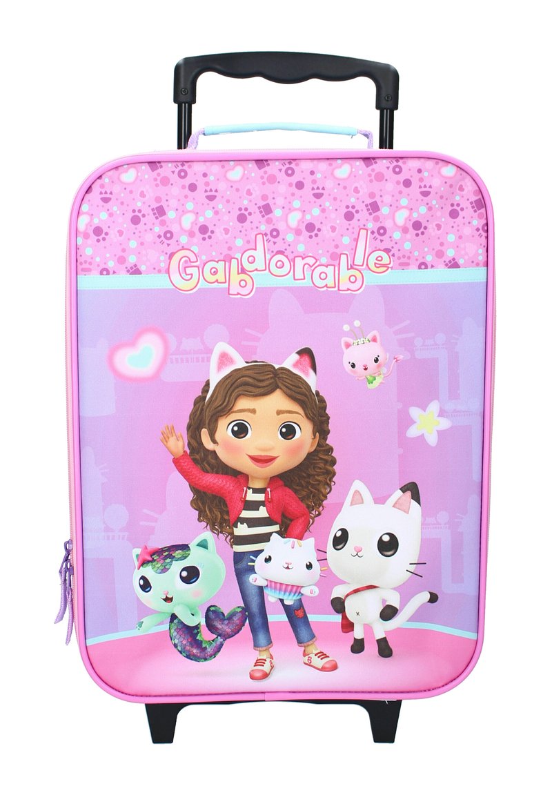Valise rigide avec un fond rose, présentant un personnage de dessin animé, deux animaux mignons, et le texte "Gadorable" dans une police ludique.