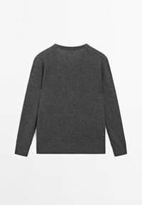 Dark gray wool sweater with a crew neck, long sleeves, and ribbed hem. Smooth texture, simple design, no visible patterns or accents.