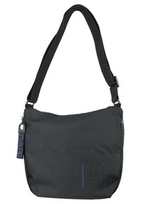 Borsa a tracolla nera realizzata in tessuto resistente, dotata di una lunga tracolla regolabile, chiusura con zip e marchio in rilievo sulla parte anteriore.