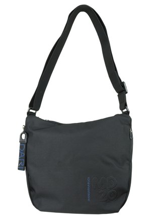 Black messenger bag made of durable fabric, featuring a long adjustable strap, zip closure, and embossed branding on the front.