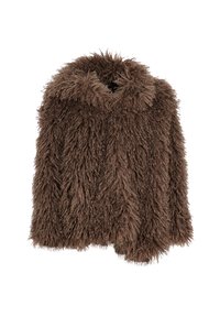 Cappotto in pelliccia sintetica marrone con cappuccio, caratterizzato da una superficie testurizzata e shaggy e una vestibilità ampia. Nessun fermo o decorazione visibile.
