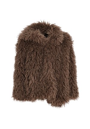 Brun faux fur frakke med hætte, der har en tekstureret, strid overflade og løs pasform. Ingen synlige lukninger eller udsmykninger.