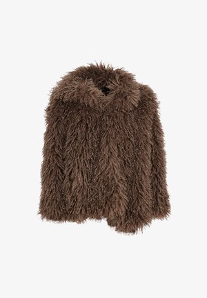 Brun faux fur frakke med hætte, der har en tekstureret, strid overflade og løs pasform. Ingen synlige lukninger eller udsmykninger.