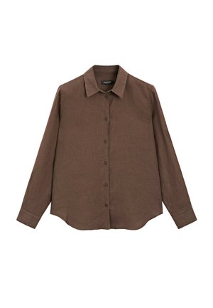 Braunes Langarmhemd aus leichtem Stoff mit durchgehender Knopfleiste, spitzem Kragen und leicht geschwungenem Saum. Minimalistisches Design.