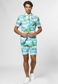 Costume bleu clair avec motif de palmier et de flamant rose, manches courtes, shorts. Associé à une chemise blanche et des baskets blanches.