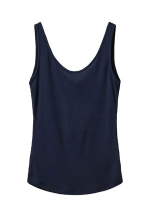 Tengerészkék, bordázott anyagból készült ujjatlan felső. Széles, kerek nyakkivágás és vékony pántok jellemzik. Sima textúrájú, testhez simuló fazonnal.