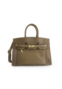 Brown leather handbag with textured finish, dual top handles, front flap, gold-tone hardware, and adjustable shoulder strap. Accented logo detail.