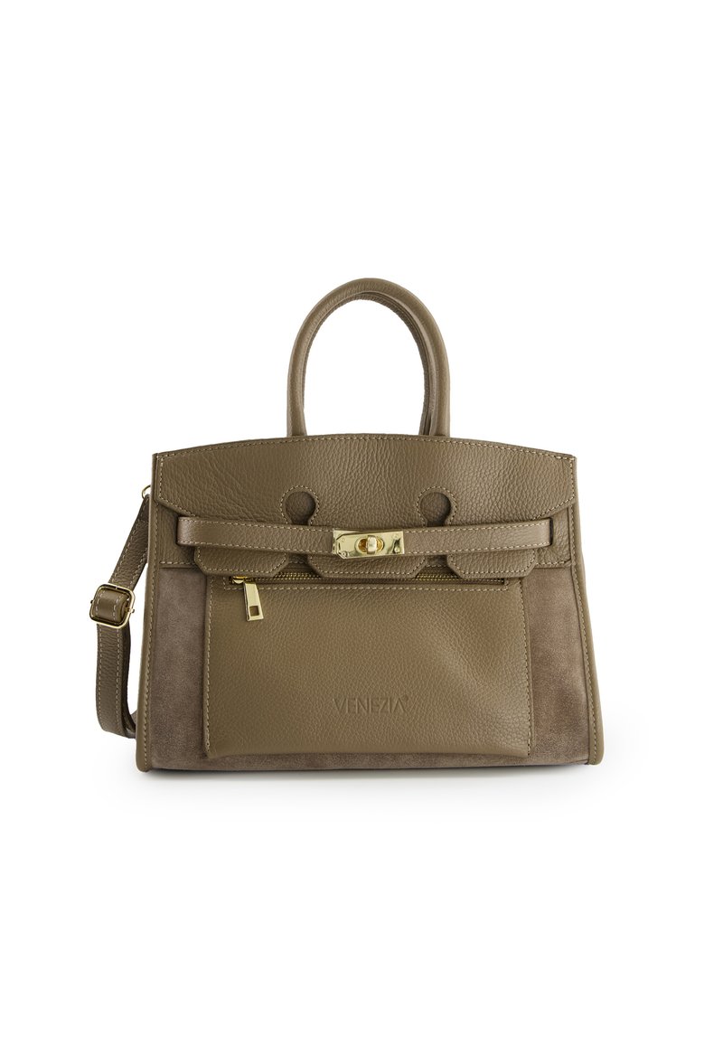 Brown leather handbag with textured finish, dual top handles, front flap, gold-tone hardware, and adjustable shoulder strap. Accented logo detail.