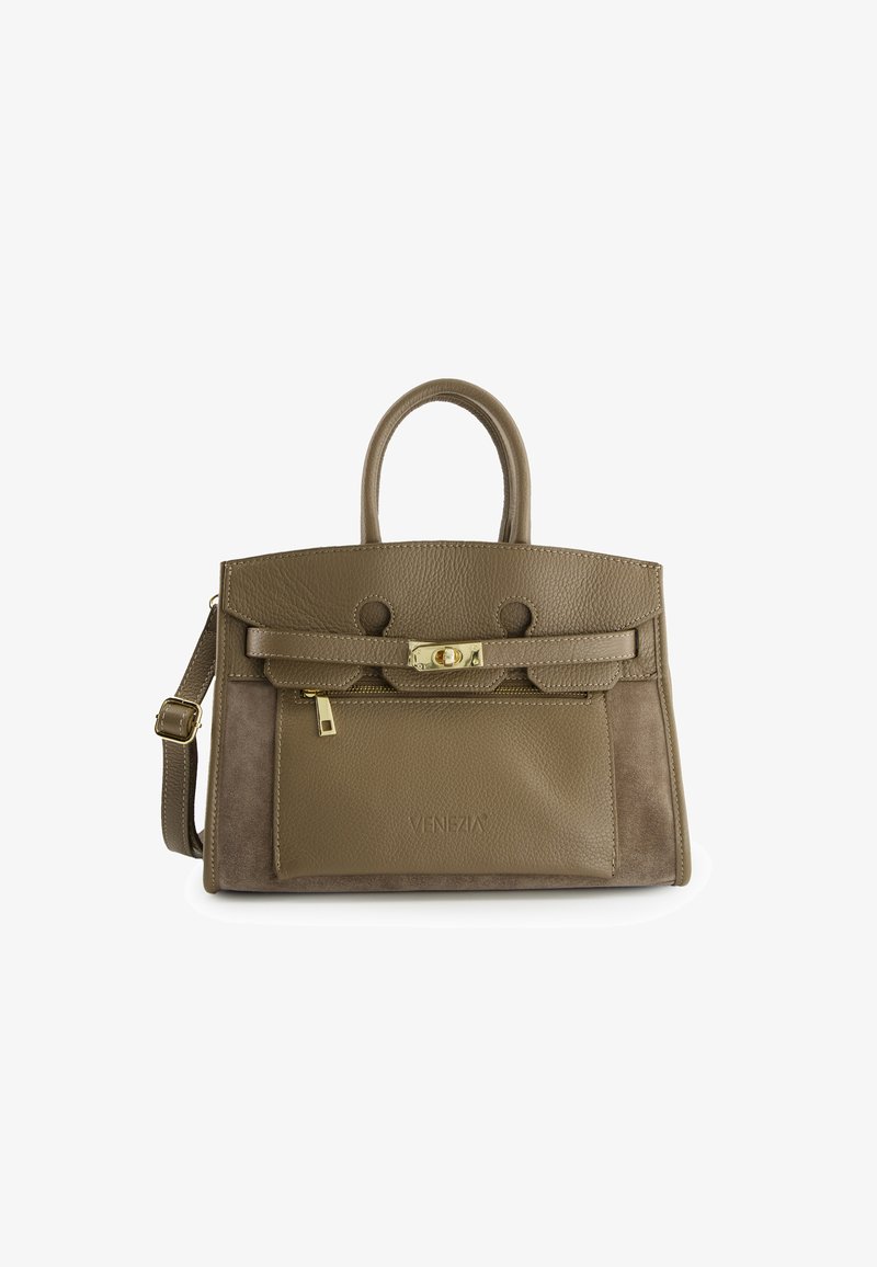 Brown leather handbag with textured finish, dual top handles, front flap, gold-tone hardware, and adjustable shoulder strap. Accented logo detail.
