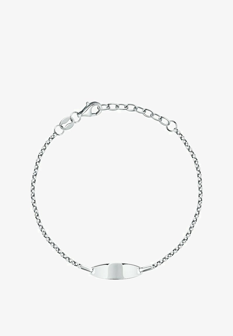 Silberfarbener Kettenarmband mit ovalem Anhänger, ausgestattet mit einem Karabinerverschluss und einem zarten Glieddesign, glatter Textur und polierter Oberfläche.