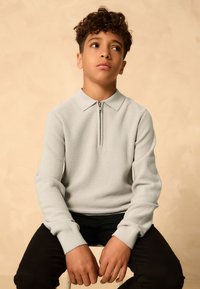 Light gray ribbed long-sleeve polo shirt with a zipper and fold-down collar. Sitting pose against a beige background.