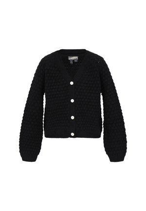 Schwarze strickjacke mit V-Ausschnitt, strukturiertem Bobbelmuster, langen Ärmeln und fünf weißen Knöpfen auf der Vorderseite.