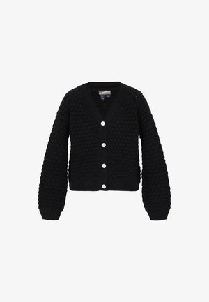 Čierny pletený cardigan s výstrihom do V, textúrovaným bobľovým vzorom, dlhými rukávmi a piatimi bielymi gombíkmi na prednej strane.