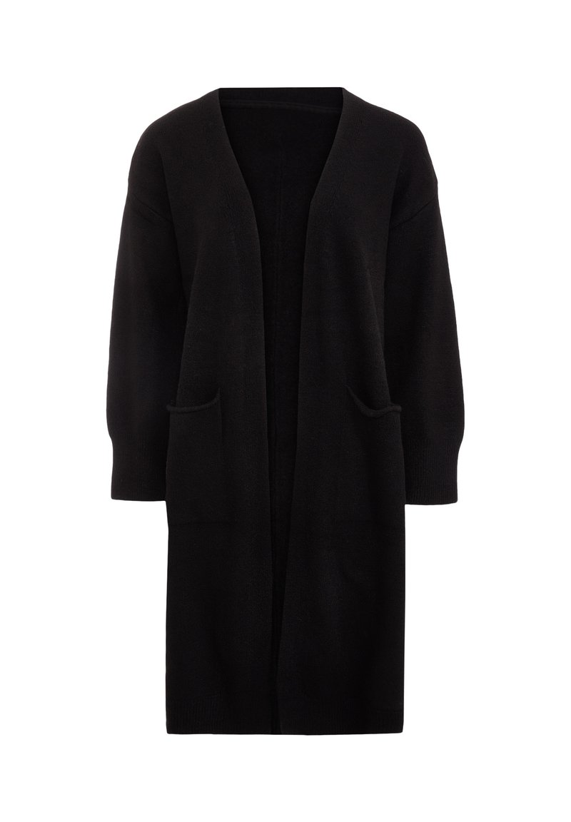 Langer schwarzer Cardigan aus weichem Stoff, mit zwei vorderen Taschen, offenem Frontdesign und lockeren Ärmeln.