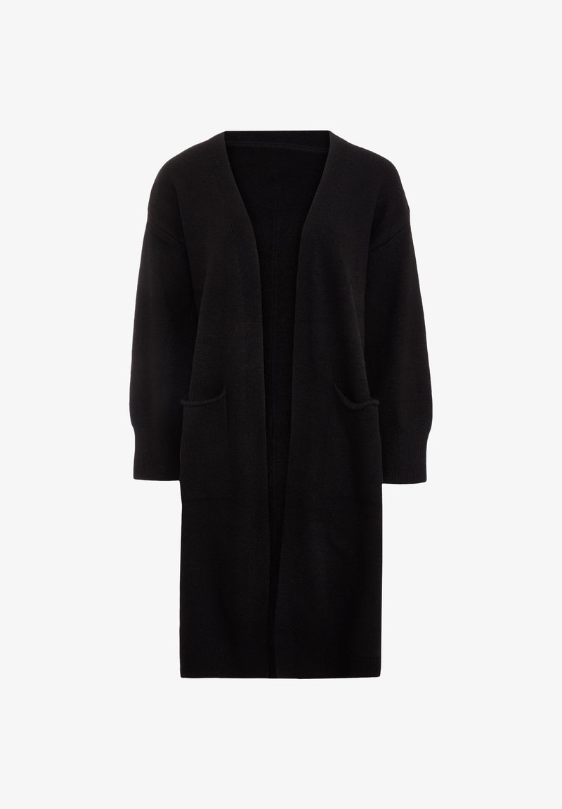 Długi czarny kardigan z miękkiego materiału, posiadający dwie przednie kieszenie, rozwiązany front oraz luźne rękawy.