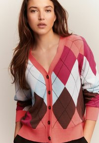 Cardigan avec un col en V, présentant un motif argyle multicolore en rose, bleu et marron. Les boutons sur le devant et les poignets côtelés complètent le design.