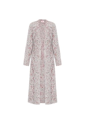 Langer Cardigan aus hellgrauem Strick mit mehrfarbigen Sprenkeln. Verfügt über einen runden Halsausschnitt, lange Ärmel und gerippte Bündchen. Mittellanges Design.