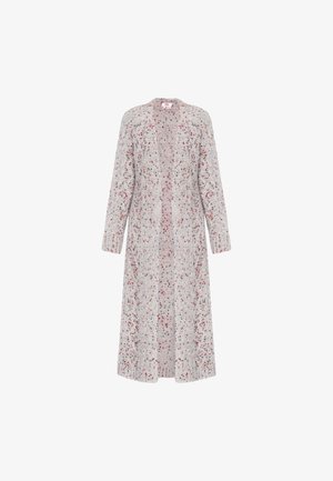 Lange grijze cardigan met een gestructureerd breipatroon met kleurrijke spikkels, open voorkant en geribde manchetten voor extra detail.