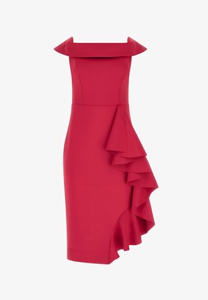 Robe rouge mi-longue avec col carré décolleté et détail volanté en cascade sur un côté.