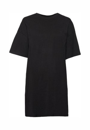 Černé krátké tričko šaty vyrobené z bavlny. Má kulatý výstřih, volný střih a rovný lem. Bez viditelných vzorů nebo akcentů.