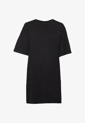 Černé krátké tričko šaty vyrobené z bavlny. Má kulatý výstřih, volný střih a rovný lem. Bez viditelných vzorů nebo akcentů.