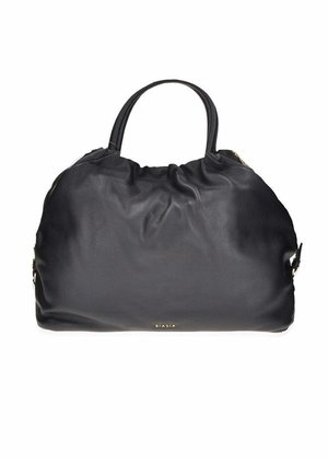 Borsa a mano in pelle nera con parte superiore arricciata, manici arrotondati e piccolo logo dorato "BIASIA" al centro in basso.
