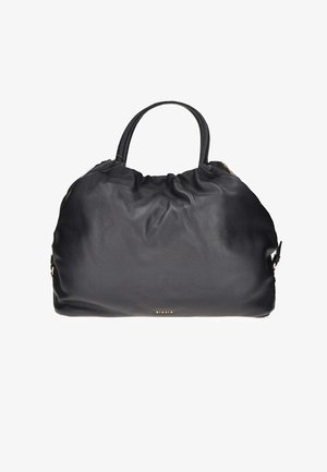 Borsa a mano in pelle nera con parte superiore arricciata, manici arrotondati e piccolo logo dorato "BIASIA" al centro in basso.