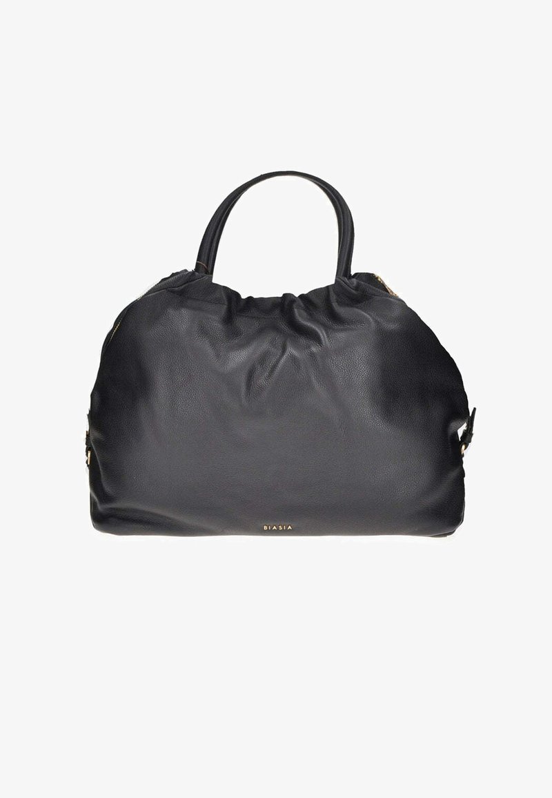 Bolso de cuero negro con parte superior fruncida, asas redondeadas y pequeño logo dorado "BIASIA" en el centro inferior.