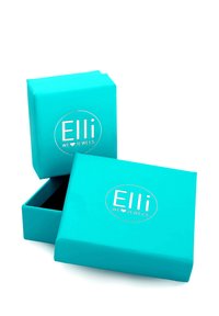 Türkiser Schmuckkästchen mit glatter Oberfläche. Mit silbernem Logo "Elli WE ♥ JEWELS". Zwei Kästchen gestapelt, eines leicht geöffnet.