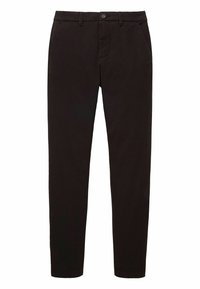 Chinos marron foncé en coton, avec une coupe droite, des poches latérales, une taille avec passants de ceinture et une fermeture à un bouton.