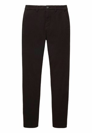 Dunkelbraune Chinos aus Baumwolle, mit geradem Beinanschnitt, Seitentaschen, einem Gürtelschlaufenbund und einem einzelnen Knopfverschluss.