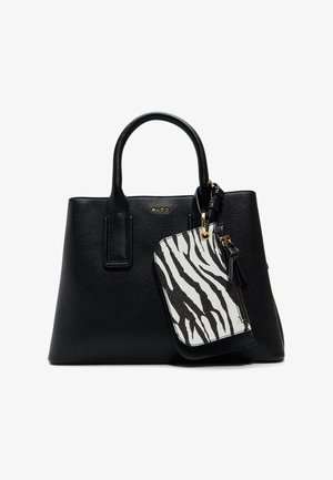 Schwarze Handtasche aus strukturiertem Leder mit zwei Griffen und einer abnehmbaren schwarz-weißen Zebramuster-Tasche, die mit einem goldfarbenen Verschluss befestigt ist.