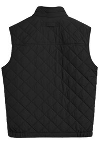 Black quilted vest with a high collar, featuring a diamond pattern and elastic hem. No sleeves, designed for layering and warmth.