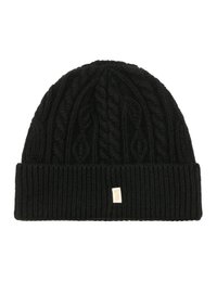 Zwarte gebreide beanie met kabelpatroon en geribde boord. Voorzien van een klein label aan de voorkant met de merknaam. Gemaakt van zachte, gestructureerde stof.