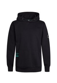 Sudadera negra de mezcla de algodón, con un gran bolsillo frontal, capucha con cordones y detalle de texto verde en la parte inferior izquierda.