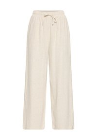 Pantalons en lin à jambes larges en beige clair, avec une taille élastique et un cordon de serrage ajustable. Texture lisse avec une coupe décontractée et fluide.