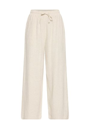 Pantalons en lin à jambes larges en beige clair, avec une taille élastique et un cordon de serrage ajustable. Texture lisse avec une coupe décontractée et fluide.