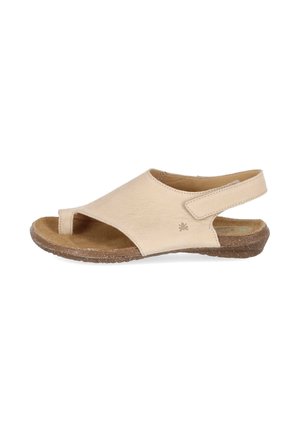 Sandale beige à bout ouvert avec boucle pour orteil, bride arrière réglable et semelle plate marron conçue pour un usage décontracté.