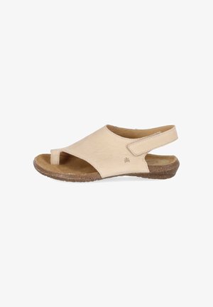 Sandalia beige de punta abierta con tira para el dedo gordo, correa trasera ajustable y suela plana marrón diseñada para uso casual.