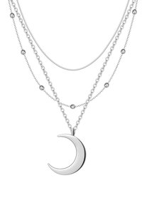 Collana a strati in argento con pendente a forma di luna crescente, catene texturate con accenti sferici e finitura lucida.