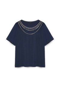 Camiseta de manga corta en azul marino con escote redondo, que presenta cuatro filas de adornos de cuentas plateadas en el pecho.