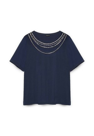 Top blu navy a maniche corte con scollatura rotonda, caratterizzato da quattro file di decorazioni in perline argentate sul petto.