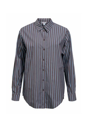 Chemise à manches longues boutonnée avec des rayures verticales marron et bleu, col classique et poignets, présentée sur fond blanc.